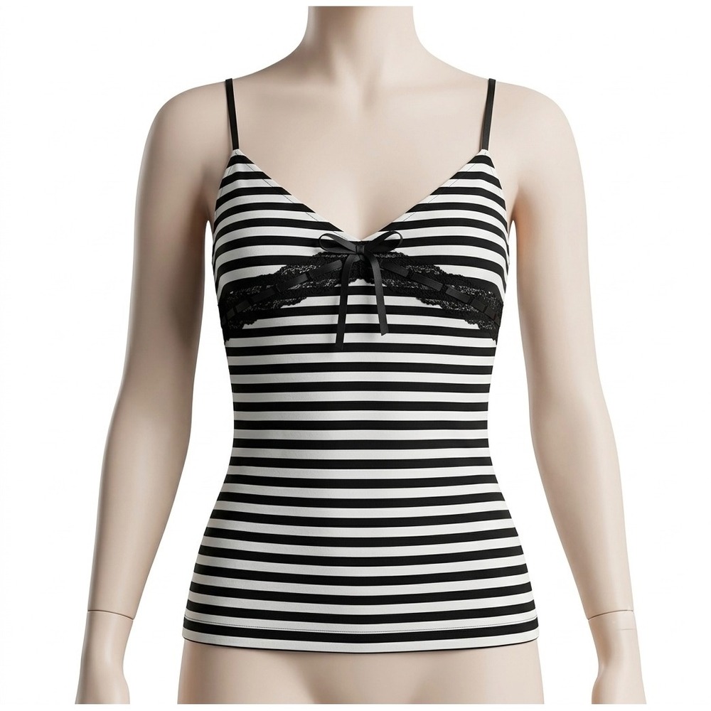 Unbranded Camisole Womens Small Black White Like New Striped Lace Bow Cami Top